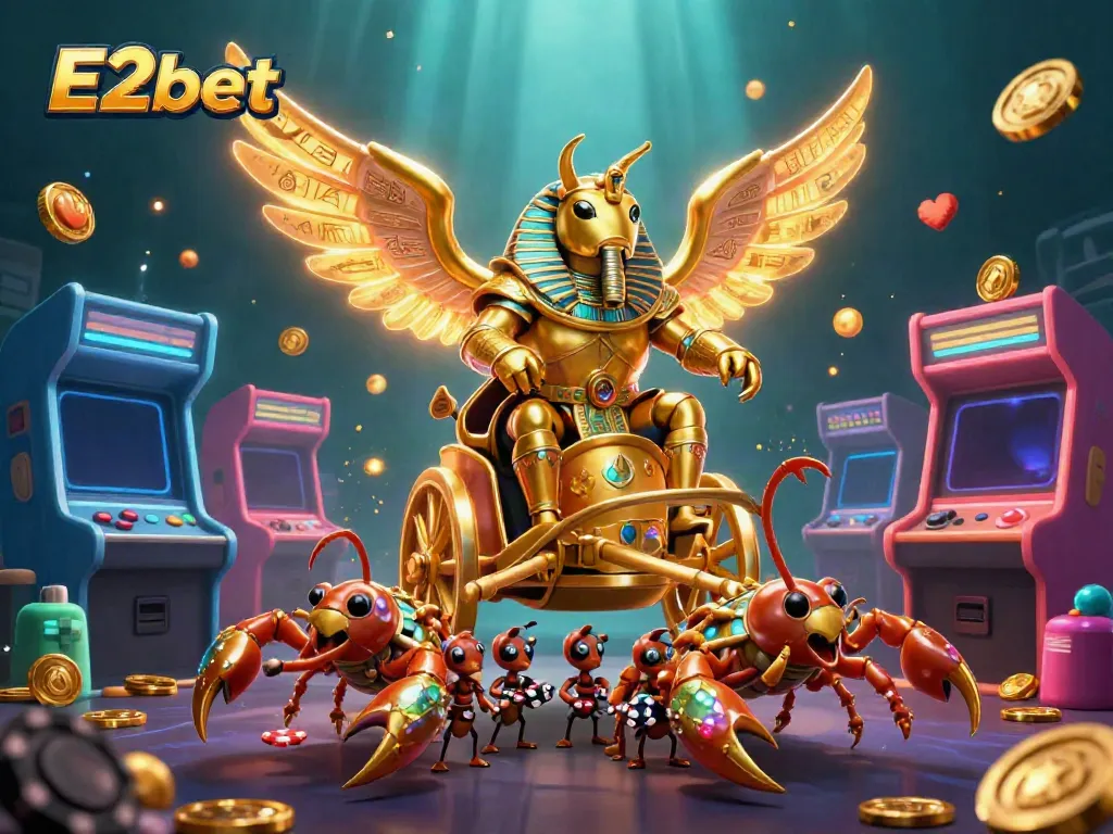Engage with E2bet's vibrant casino world featuring a glowing scarab beetle and game elements.