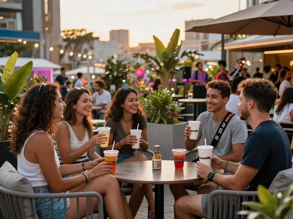 Friends enjoying vibrant urban lifestyle with rokok88 drinks at sunset
