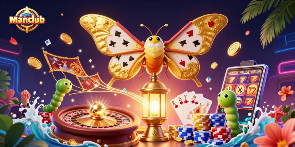 Experience thrilling wins at Manclub with vibrant casino elements and golden treasures.