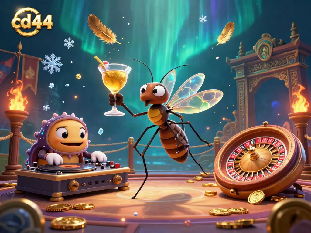 Engage with cd44's vibrant casino world featuring a lively mascot, DJ, and roulette wheel.