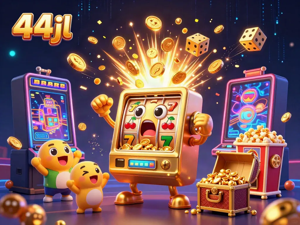 Win at 44jl with a joyful slot machine hitting the jackpot, bursting with coins and action.