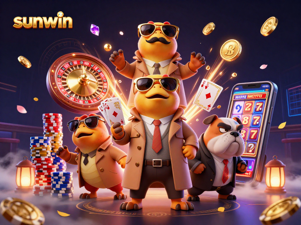 Sunwin raptors playfully scheming to enter a VIP lounge at a lively casino setup.