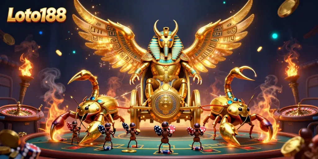 Experience excitement at Loto188 with a golden scarab and scorpions in a vivid casino scene.