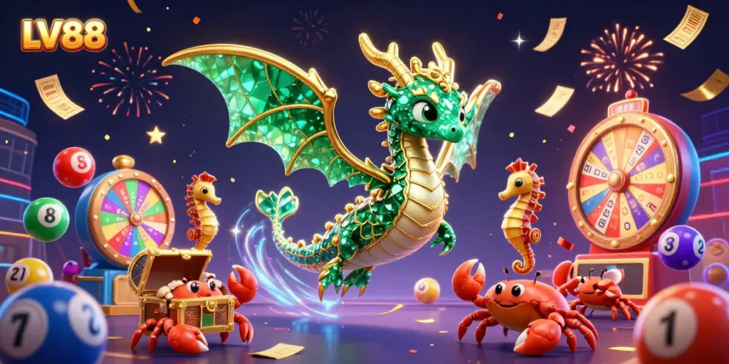 Engage in thrilling gameplay with LV88, featuring a majestic sea dragon and dynamic lottery elements.