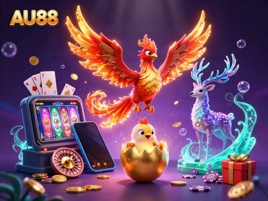 Experience the captivating AU88 atmosphere with a soaring phoenix and dynamic casino elements.