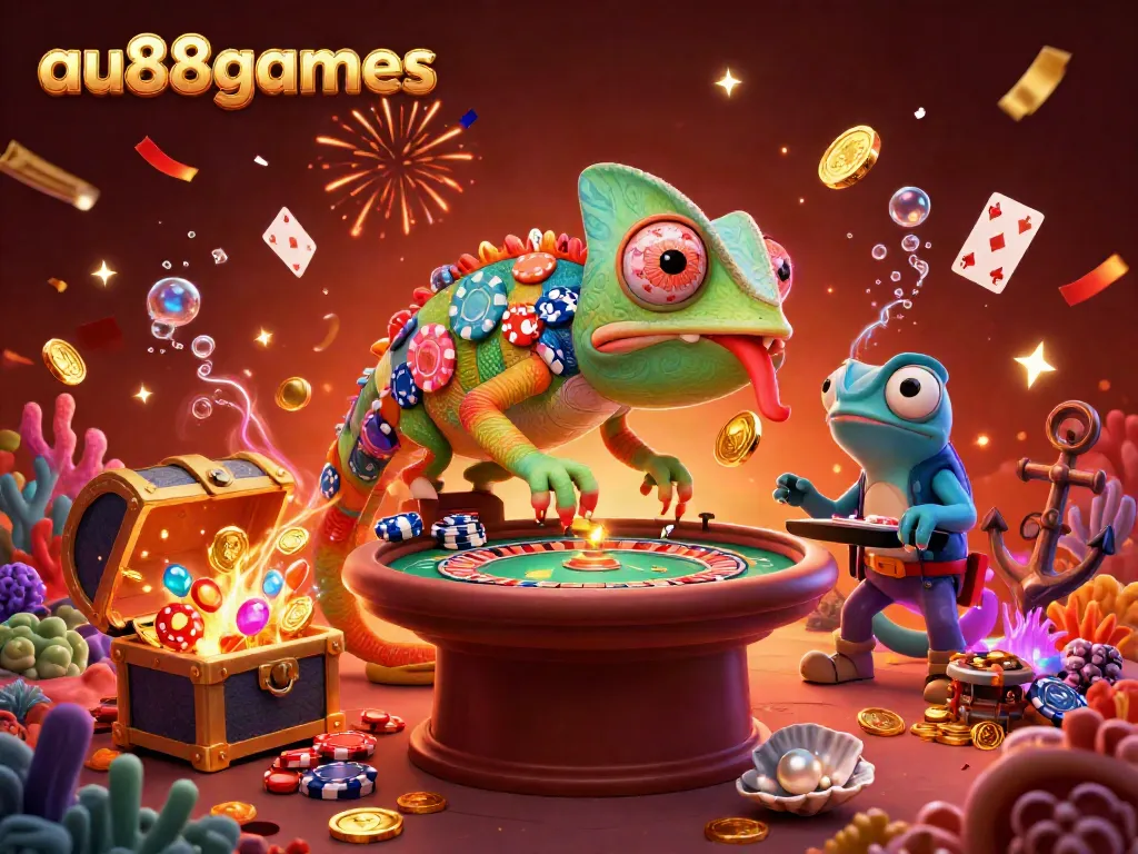 Experience dynamic gaming excitement at au88games with a vibrant chameleon casino owner and treasure-filled surroundings.