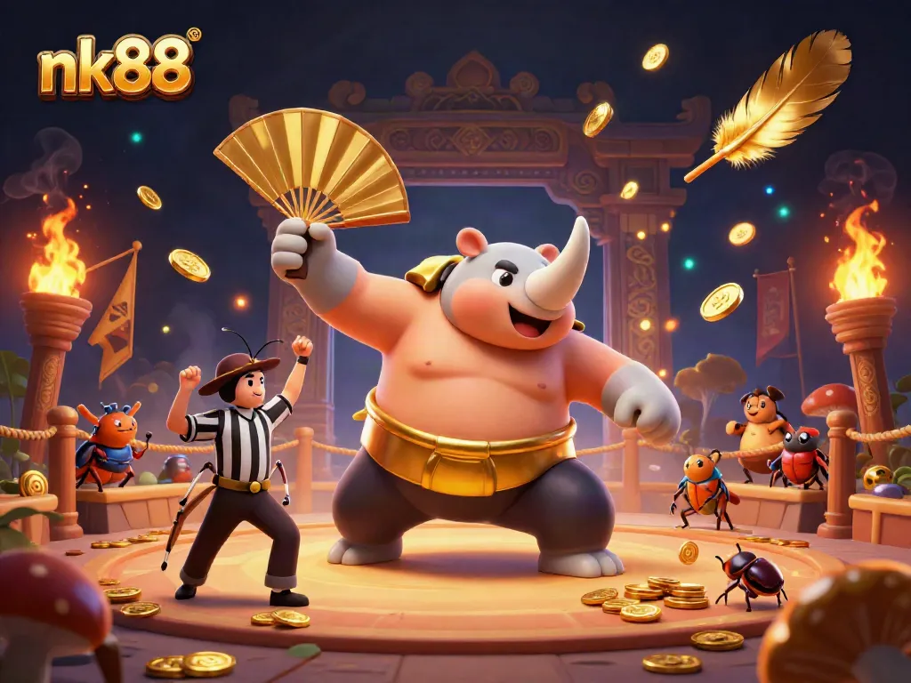 nk88 gaming scene where a beetle champion stomps gold coins in a rich casino atmosphere
