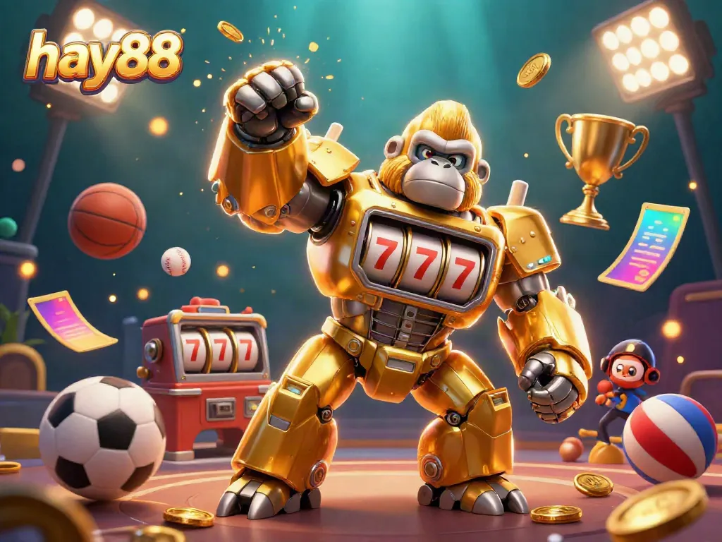 Betting excitement arises in hay88's dynamic world of thrills, featuring a golden gorilla mech and lively sports elements.