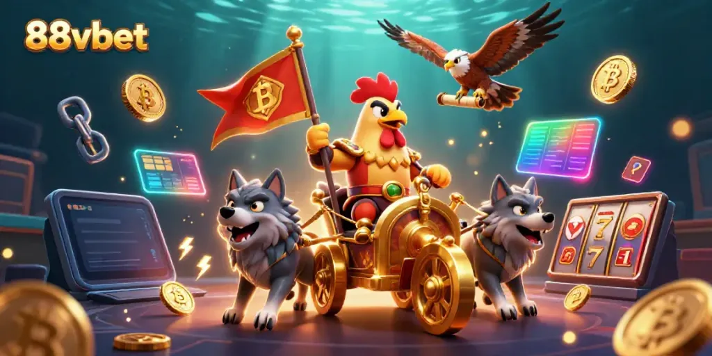 Experience the thrilling world of 88vbet with a dynamic 3D casino illustration featuring a rooster warlord.