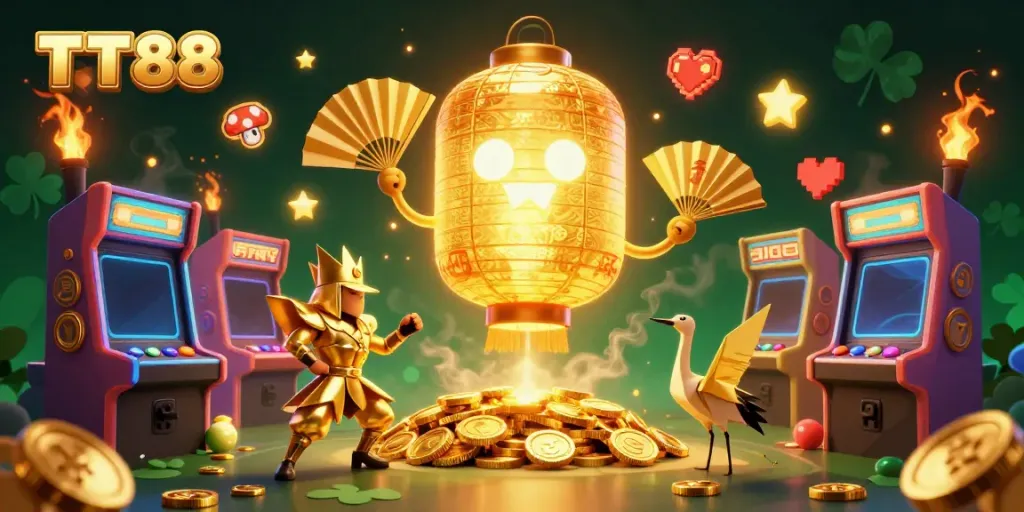 Engage in the vibrant casino experience at TT88 with golden lanterns and interactive gaming elements.