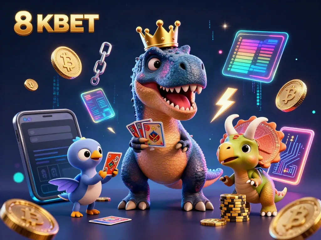 Engage with 8KBET's fun and dynamic 3D casino scene featuring a T-Rex, pterodactyl, and triceratops in a vibrant casino setting.