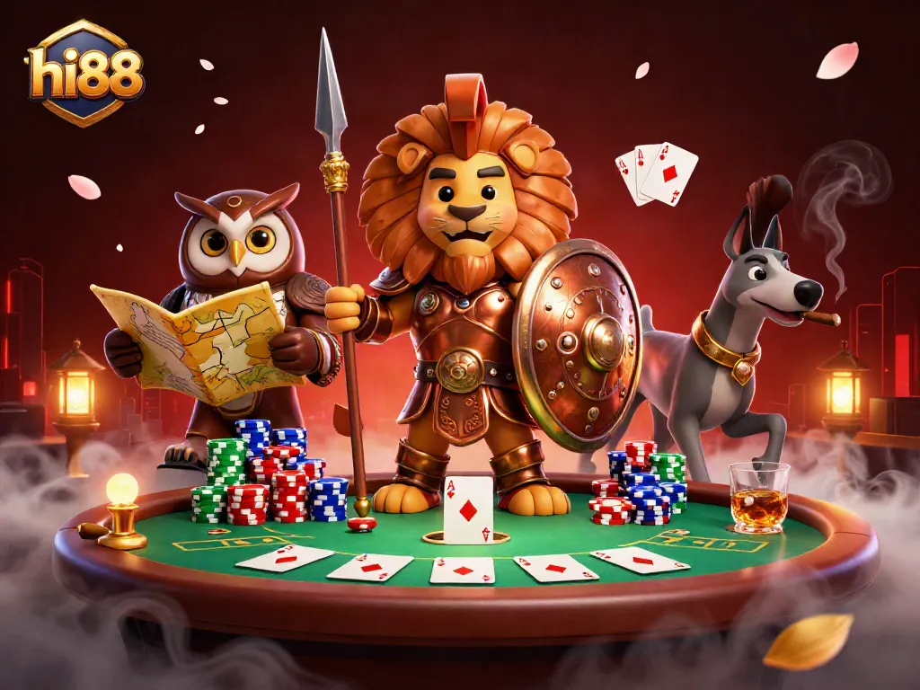 Join the excitement at hi88 with a heroic Spartan lion and strategic owl in this captivating casino scene.