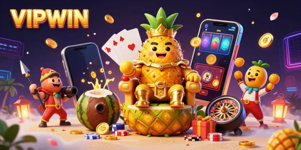 Win big at VIPWIN with the golden pineapple king in a lively casino scene filled with games.