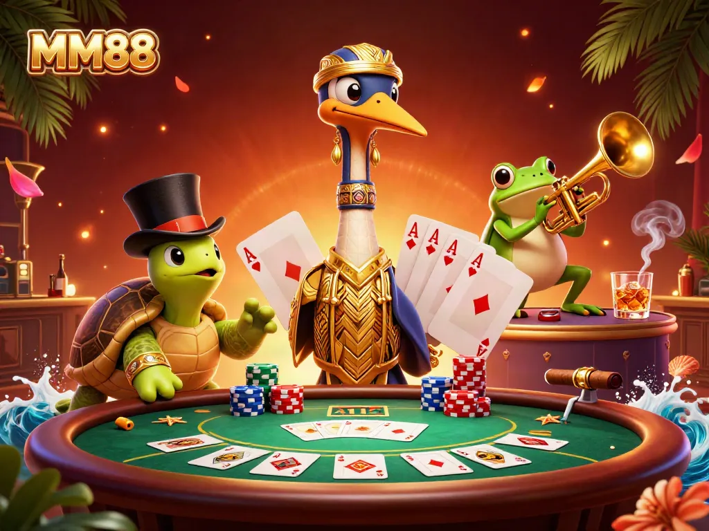 Engage with MM88's thrilling casino experience featuring a rich 3D scene of card games and vibrant characters.