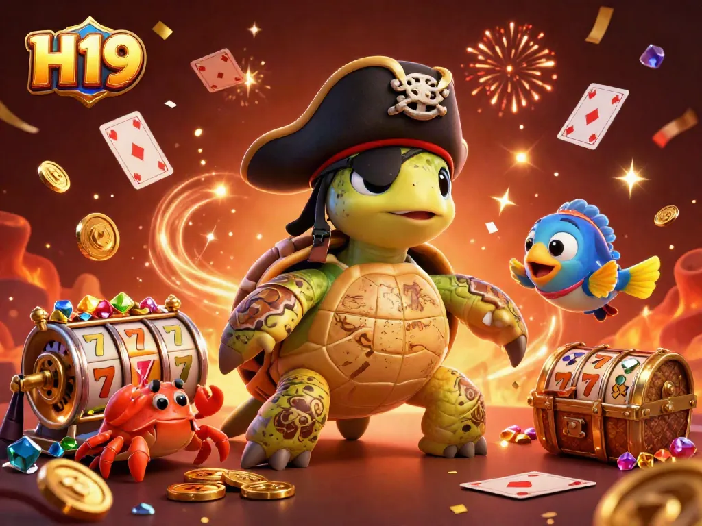Engaging 3D illustration of H19 featuring a pirate turtle and gold treasures amidst floating casino elements.