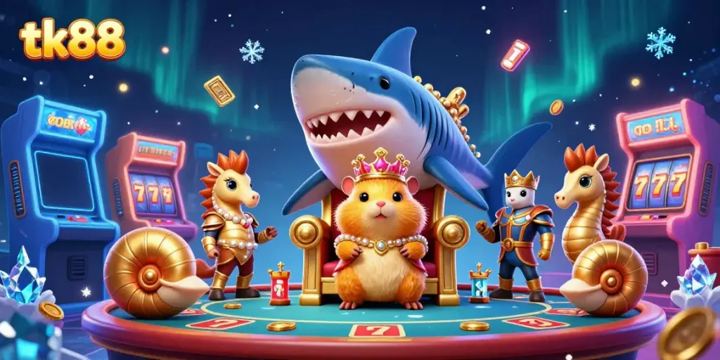 Engage with tk88's thrilling casino atmosphere featuring a golden hamster king amidst slot machines and vibrant gaming elements.