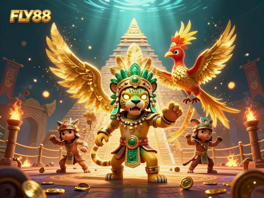 Engage with FLY88's vibrant gaming scene illustrated with Mayan elements and dynamic casino features.
