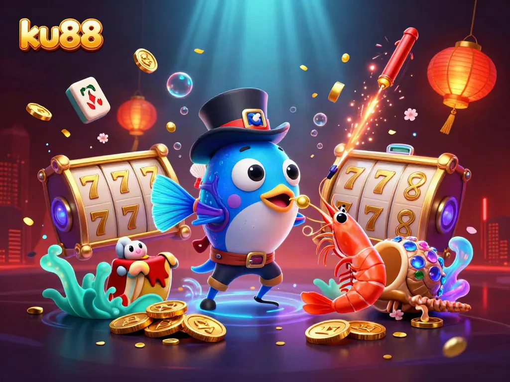 Engage with ku88’s exciting slot experience illustrated by anglerfish, pirate shrimp, and gem snail.