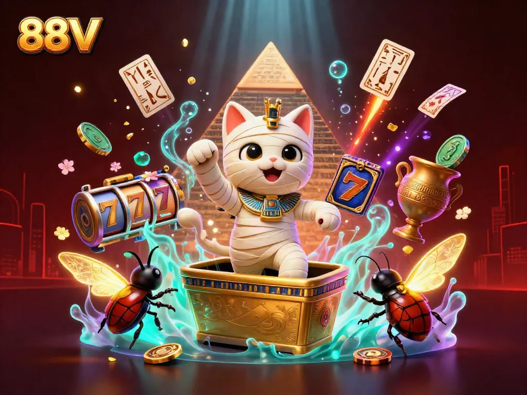Experience dynamic gaming with 88VV, featuring a 3D cartoon mummy cat and thrilling slots in a vibrant casino.
