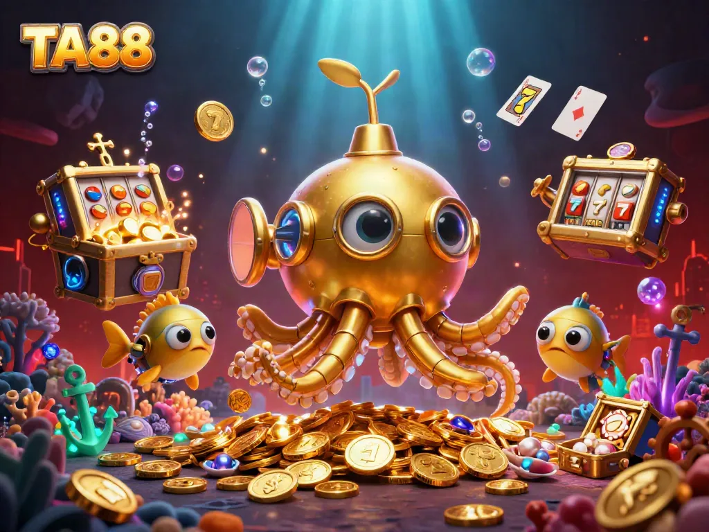 Engage with TA88's thrilling slots experience alongside golden kraken submarine in a sea of coins.