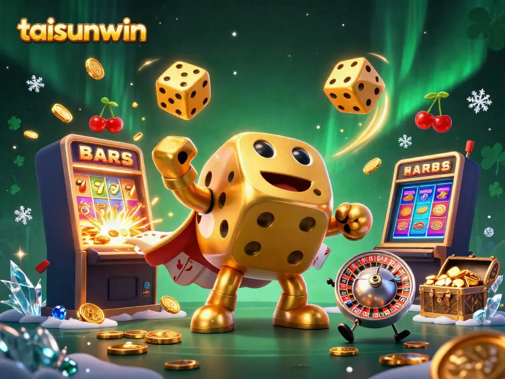 Experience the excitement of taisunwin with vibrant 3D casino elements and golden dice, showcasing thrilling jackpots.