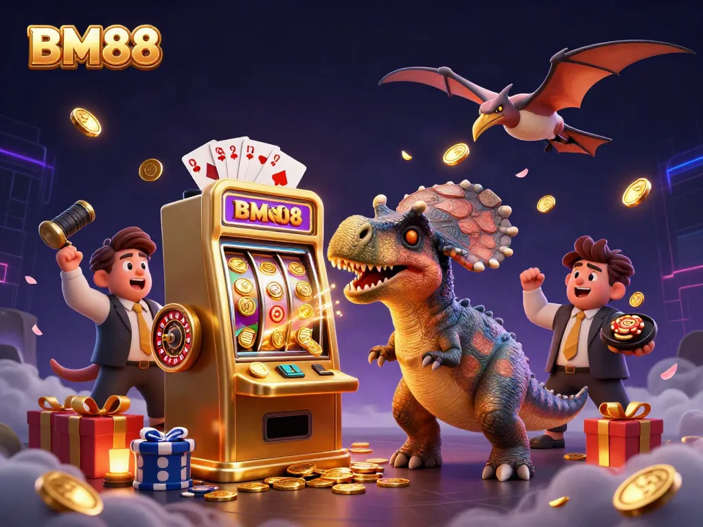 BM88 slots scene with dinosaurs, exploding coins, and colorful gaming elements in a vibrant casino backdrop.