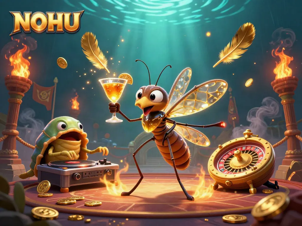 Engaging NOHU casino scene with a frozen mosquito mascot and golden roulette wheel.
