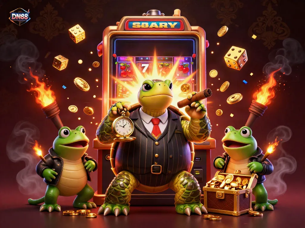 Experience thrilling jackpots with DN88's vibrant casino ambiance, featuring cartoon characters and golden treasures.