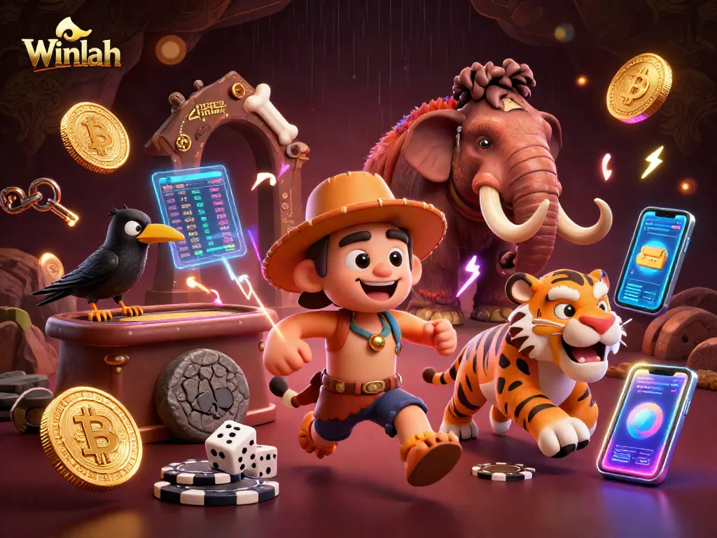 Experience the thrill of Winlah with this vibrant 3D illustration featuring a caveman and a sabertooth tiger in a prehistoric casino.