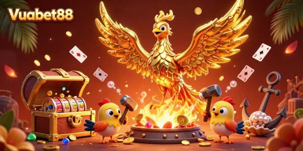 Experience the thrilling dynamic of Vuabet88 with our molten metal phoenix symbolizing fortune and gaming excitement.