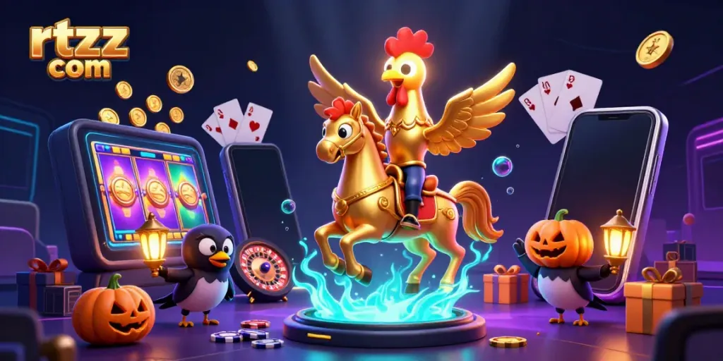 Engage with the vibrant gaming world of rtzz com through a dynamic 3D casino scene featuring a golden rooster and casino elements.