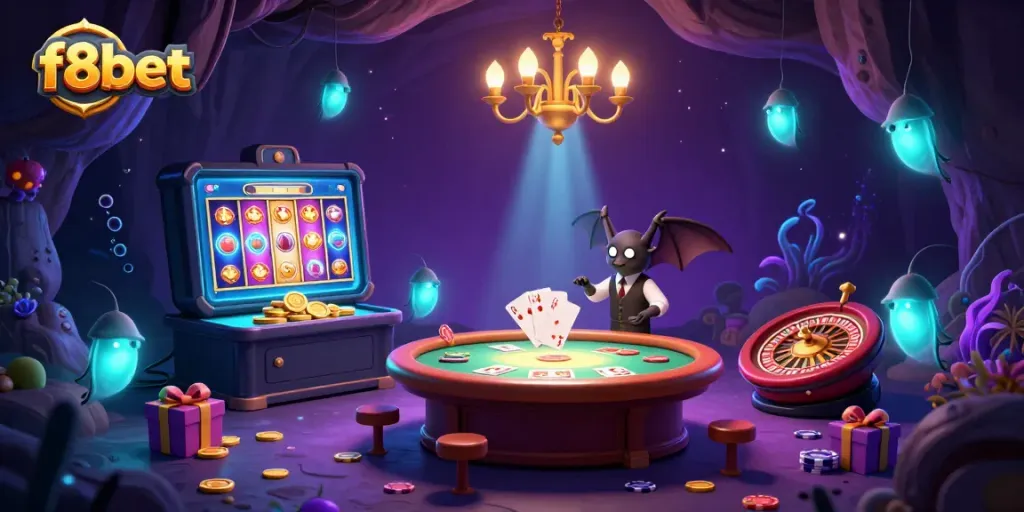 Engage with dynamic gambling fun at f8bet while glowworms light up a cave casino.