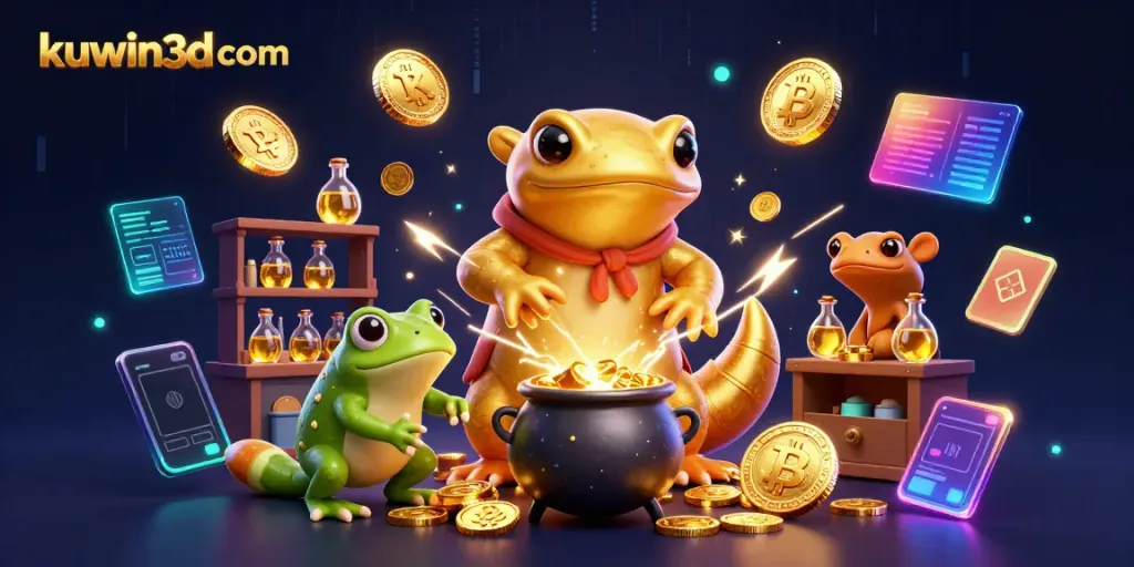 Experience vibrant gaming excitement with kuwin3d com, where a golden salamander alchemist enlivens a medieval lab with crypto coins!
