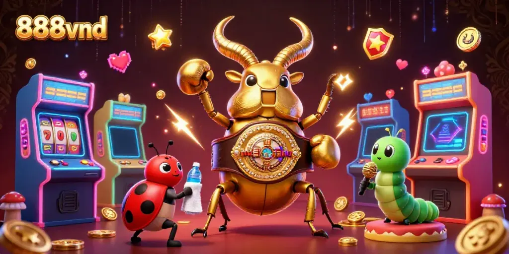 Experience thrilling moments at 888vnd with cartoon characters engaging in a dynamic casino-themed scene.