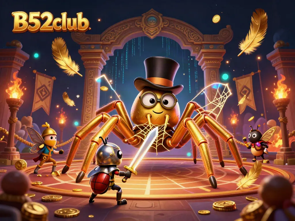 Engage in the exciting action of B52club with a golden tarantula and beetle knight in a casino-themed battle scene.