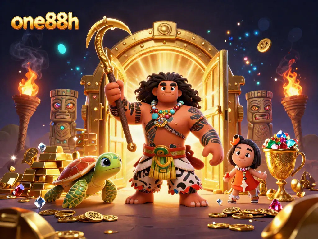 Experience the excitement of one88h gaming with this vibrant 3D casino scene featuring a demigod and treasure elements.