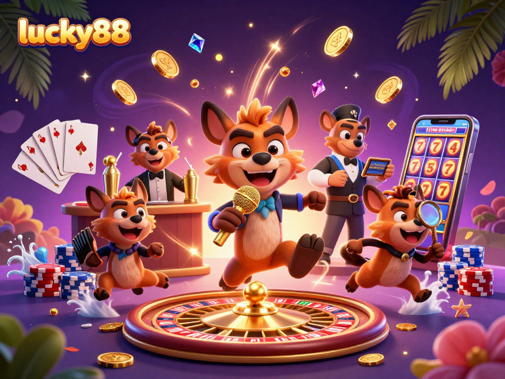 Experience the excitement of moments at lucky88’s casino with vibrant cartoon hyenas, golden coins, and gems.