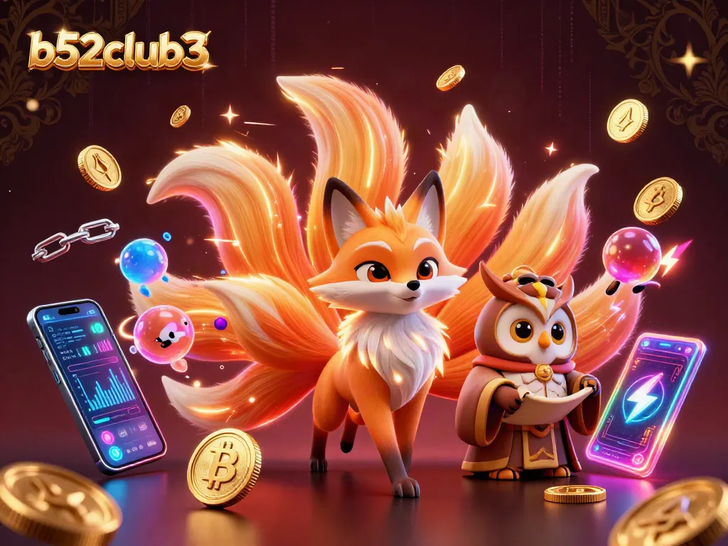 b52club3 presents an enchanting gaming scene with mystical characters and vibrant cryptocurrency elements.