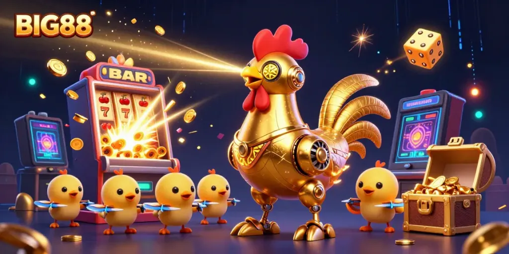 Experience the excitement of BIG88 with vibrant casino visuals featuring a golden rooster robot and immersive gaming elements.