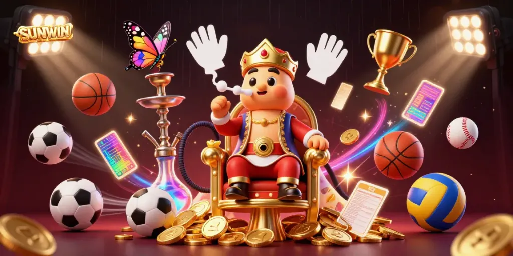 SUNWIN casino illustration with a playful caterpillar character and dynamic sports elements.