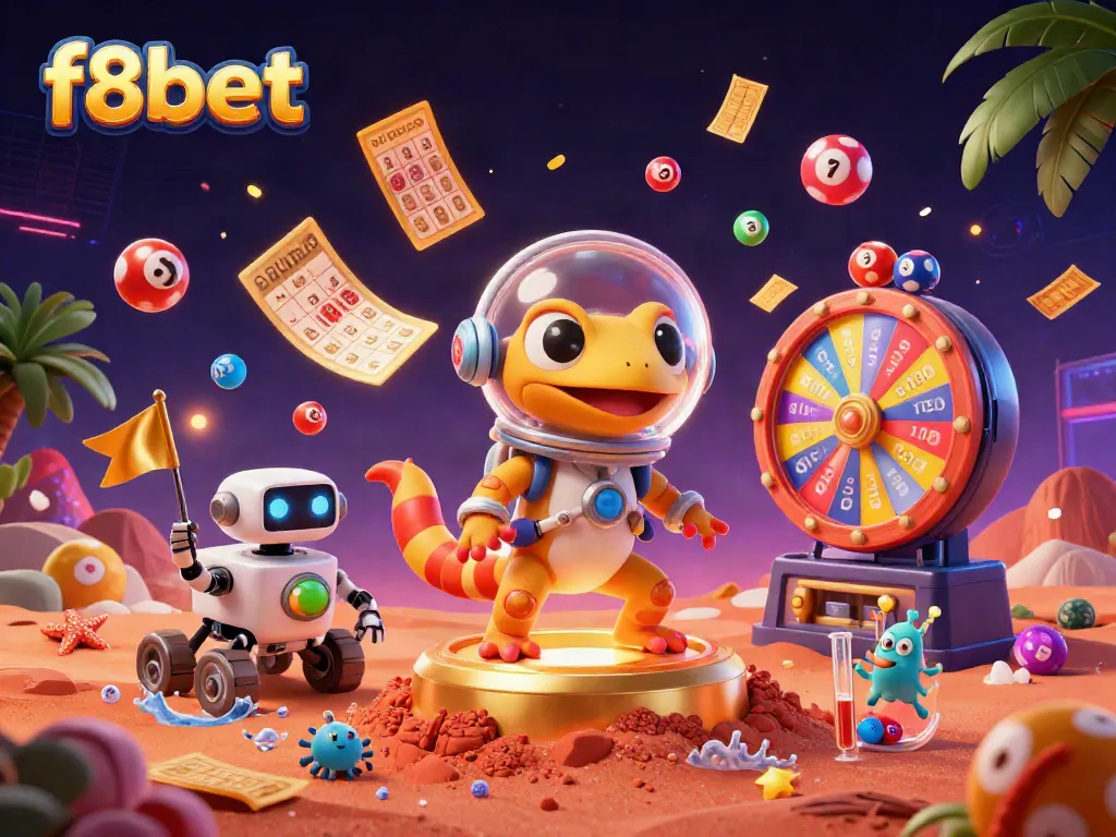 Join the Martian gecko at the f8bet golden casino, surrounded by vibrant gaming elements.