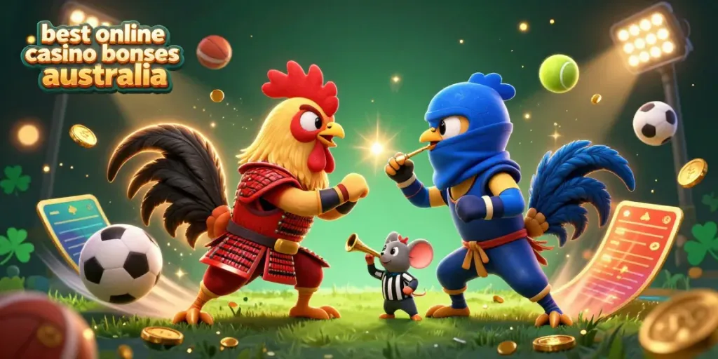 Experience the best online casino bonuses Australia with engaging scenes of roosters, trophies, and vibrant gameplay.