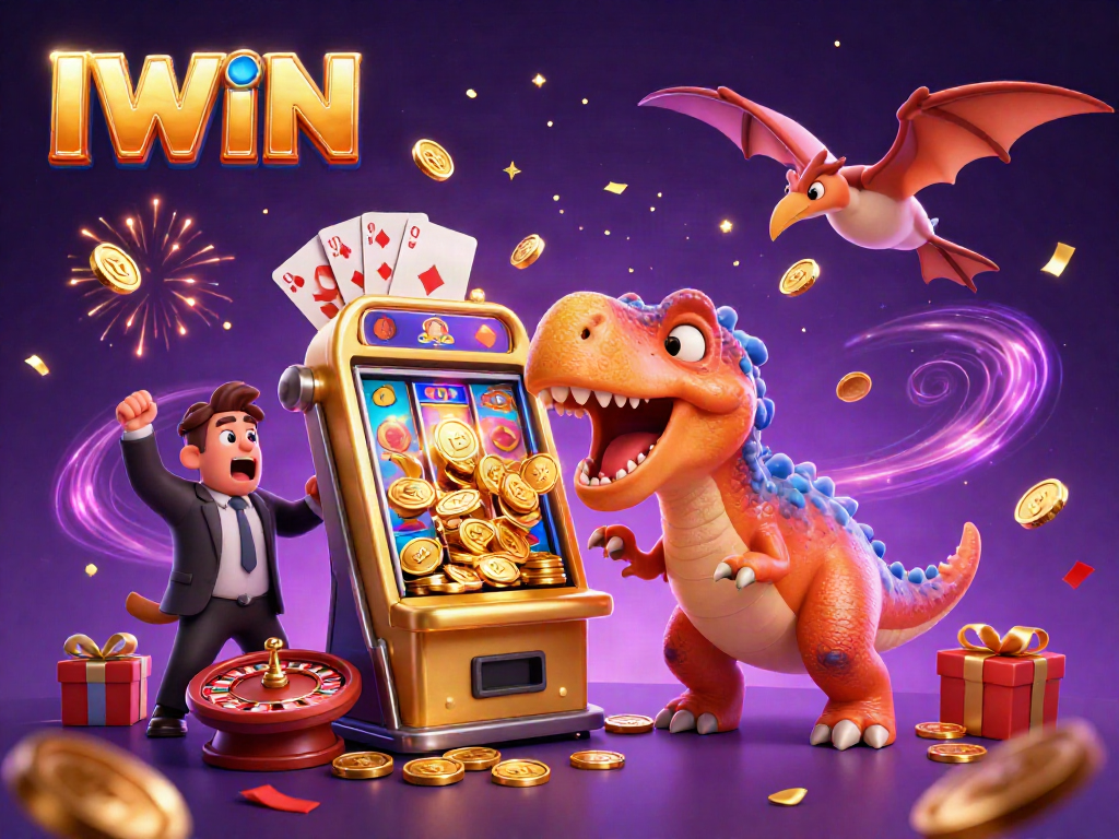 IWIN casino scene with animated dinosaurs, a jackpot slot machine, and flying coins.