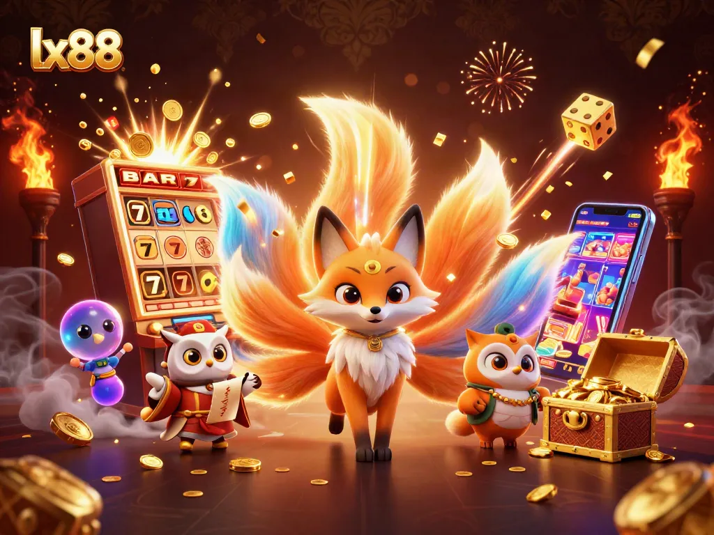 Experience thrilling gameplay at lx88 with a magical nine-tailed fox and owl, surrounded by vibrant casino symbols.