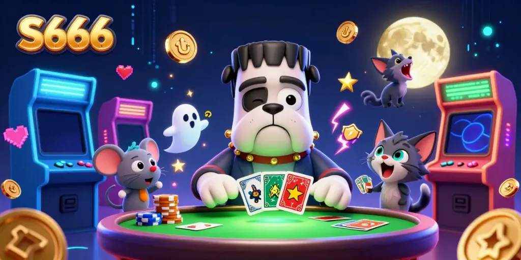 S666 gaming scene showcasing a Frankenstein bulldog monster dealing cards at a lively casino table