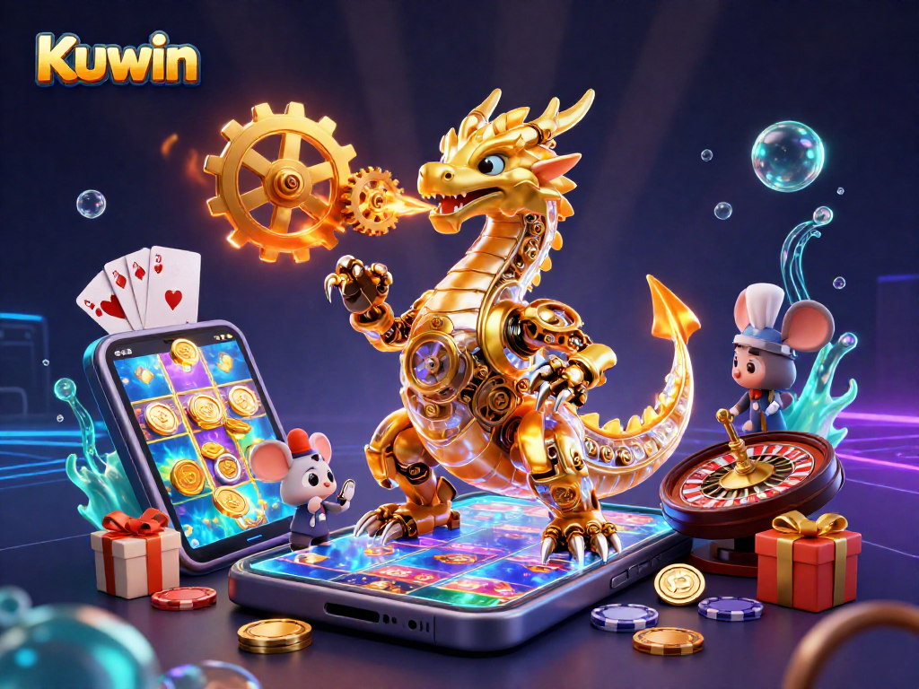 Kuwin casino features a biomechanical dragon and a mouse engineer amid vibrant gaming elements.