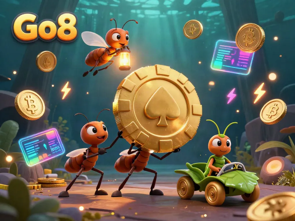 Team of ants successfully carrying a golden poker chip at Go8 casino, showcasing vibrant gambling elements.