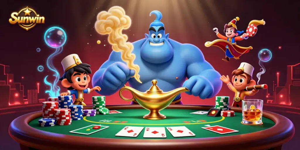 Engage in exciting gameplay with Sunwin, featuring a dynamic casino scene with poker chips and a playful genie.