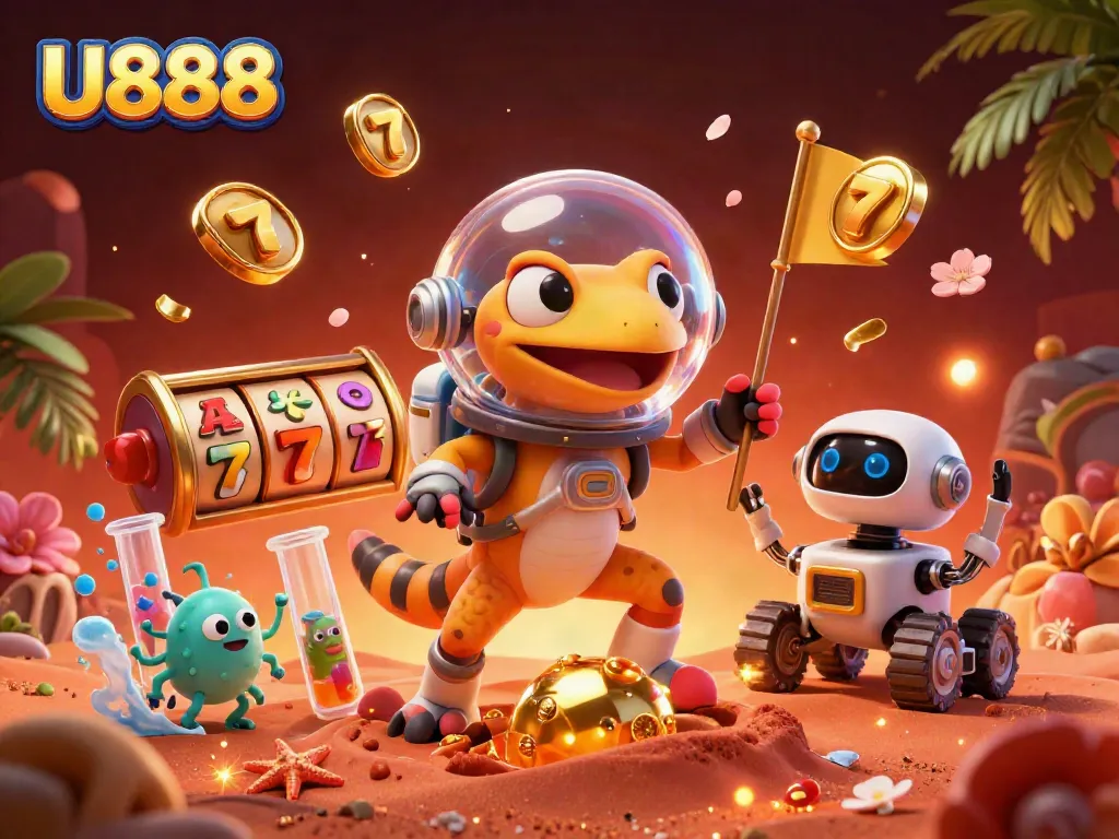 Experience thrilling wins at U888 with a dazzling casino scene featuring Martian characters and vibrant gaming elements.