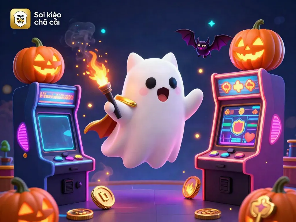 Soi kèo nhà cái vibrant scene with a friendly ghost cat in a casino, glowing arcade games, and high-stakes action